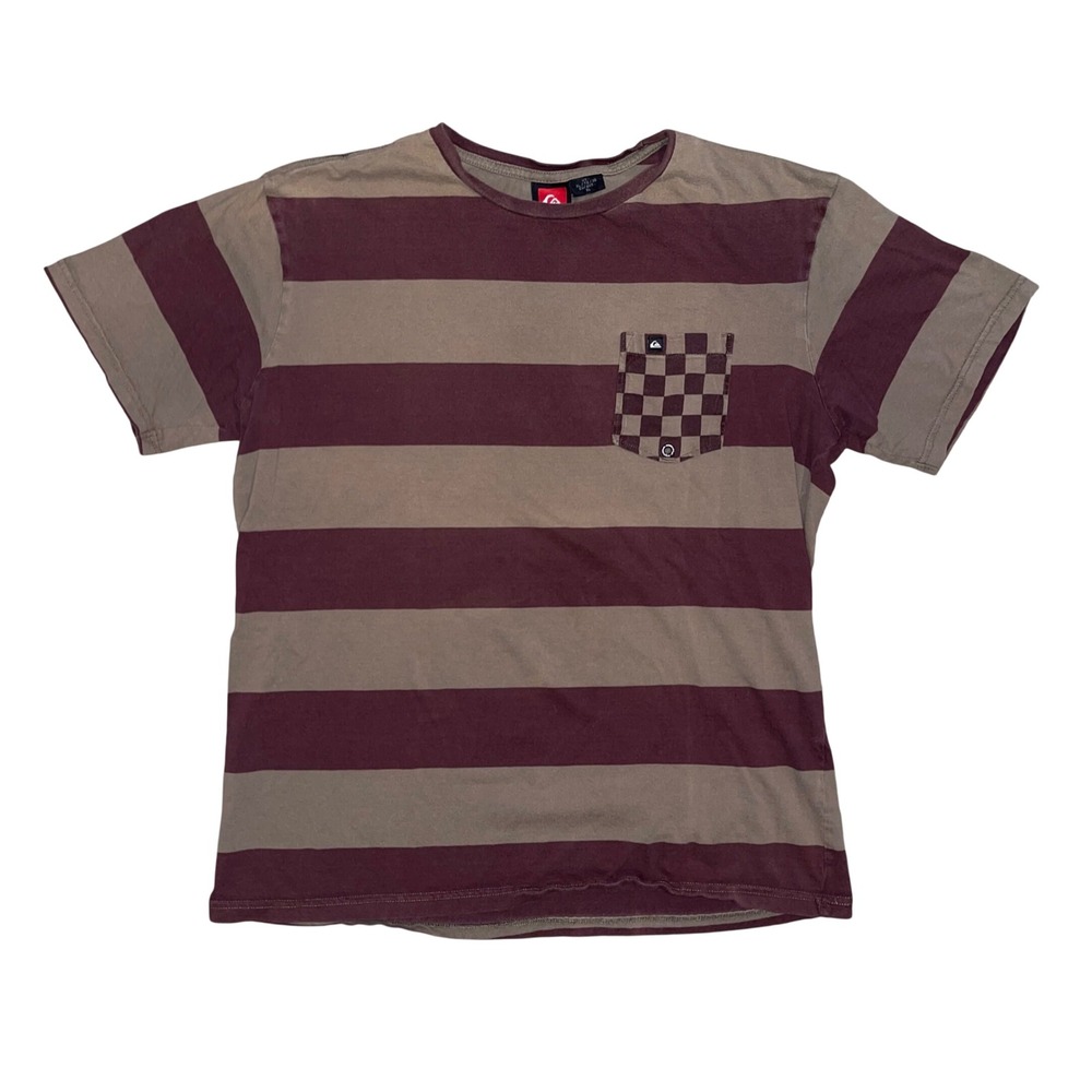 Quiksilver Mens XL Striped Pocket T-Shirt Burgundy Tan Checkerboard Skate Tee